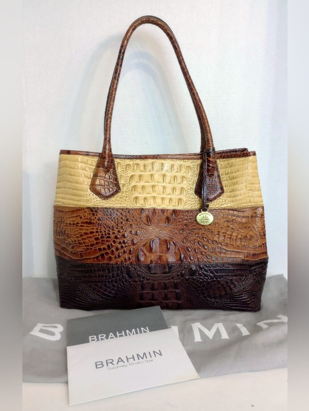 Brahmin Anytime Tote, Tri Color Praline Vineyard, Croc Embossed Leather